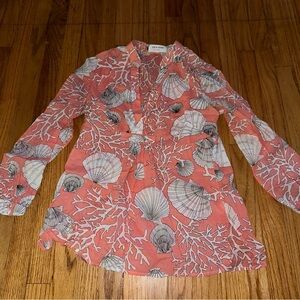 Skirtin Around Silk Pink  Peach White Print Button Long Sleeve Blouse